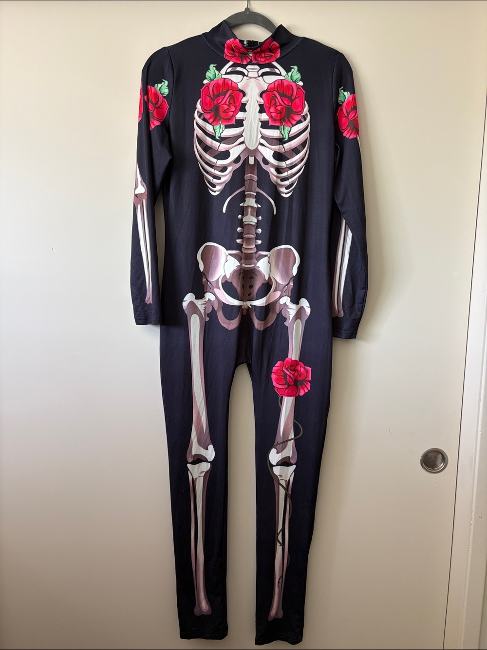 💀🖤Black Skeleton One-Piece with Red Rose Accents